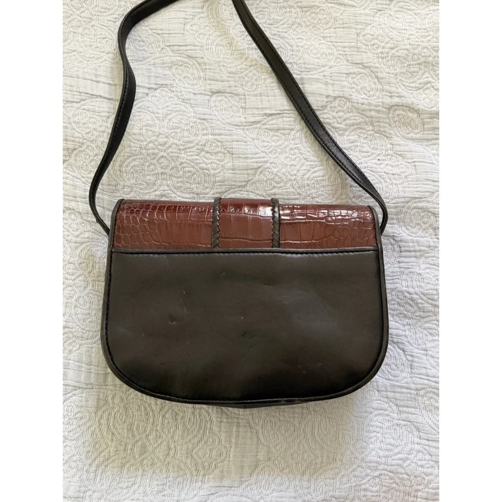 Brighton Embossed Brown, Black Leather‎ Front Flap Magnetic Crossbody Bag